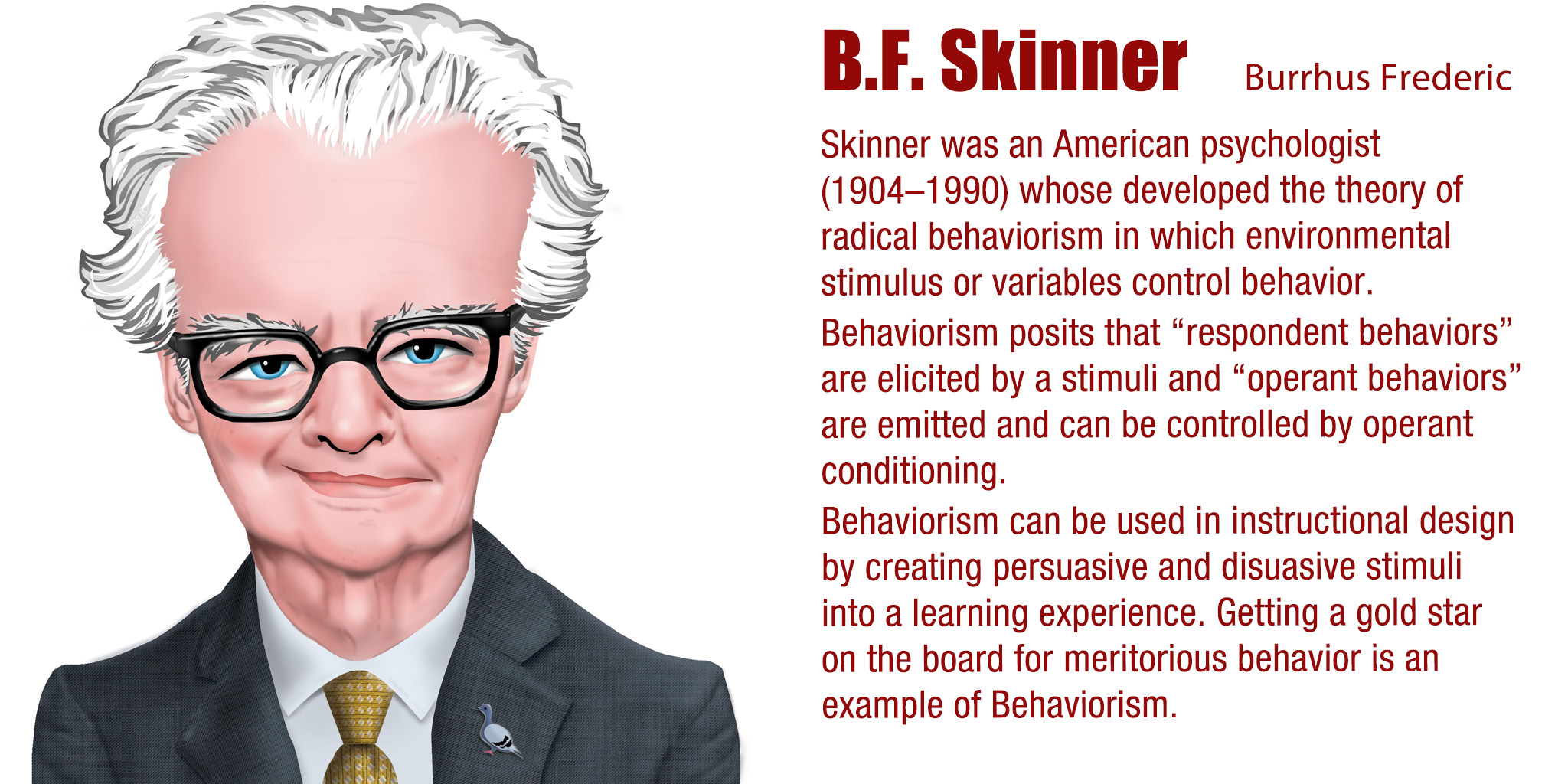 Skinner was an American psychologist (1904–1990) whose developed the theory of radical behaviorism in which environmental stimulus or variables control behavior. Behaviorism posits that “respondent behaviors” are elicited by a stimuli and “operant behaviors” are emitted and can be controlled by operant conditioning. Behaviorism can be used in instructional design by creating persuasive and disuasive stimuli into a learning experience. Getting a gold star on the board for meritorious behavior is an example of Behaviorism.