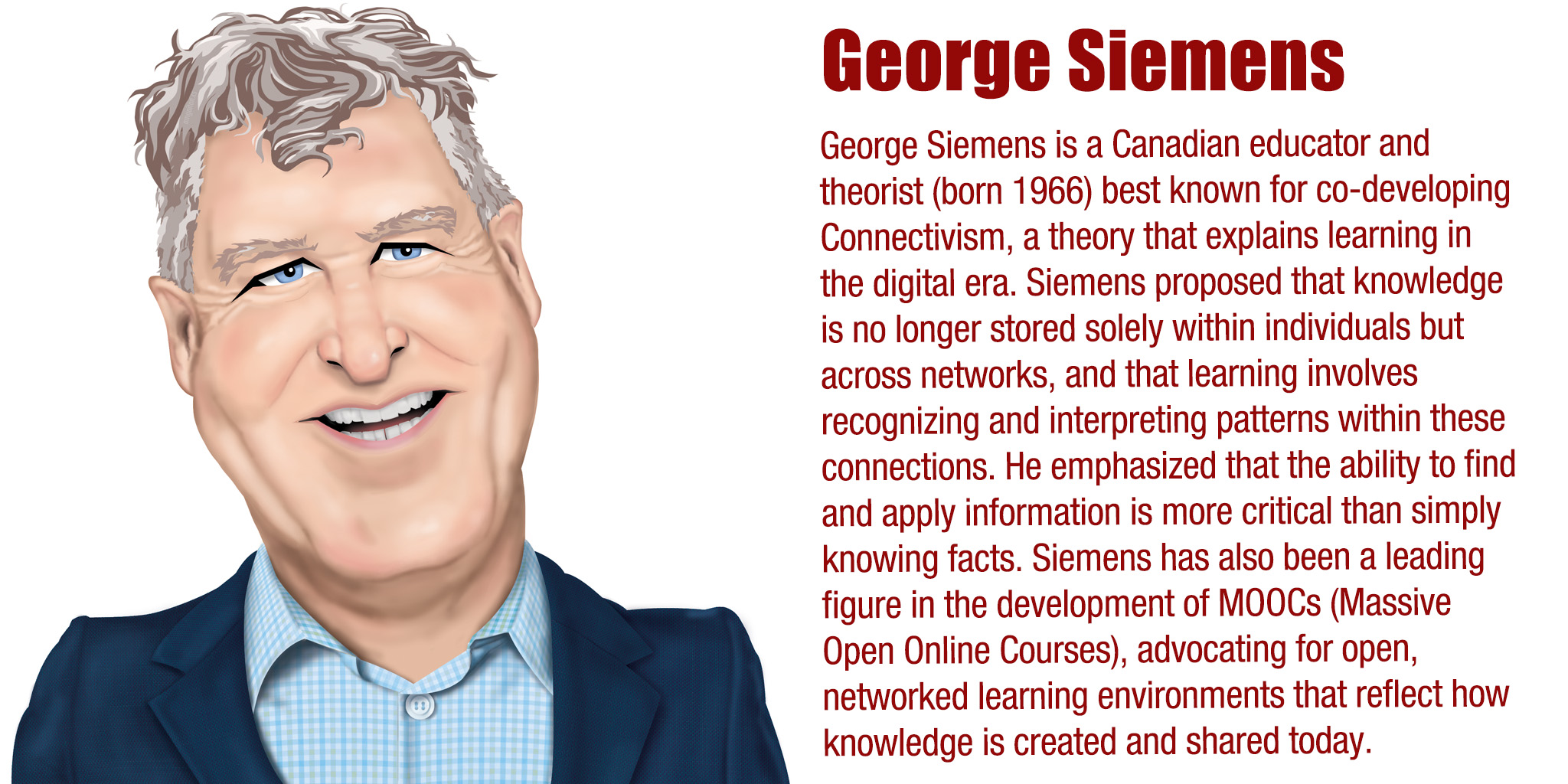 George Siemens is a Canadian educator and theorist (born 1966) best known for co-developing Connectivism, a theory that explains learning in the digital era. Siemens proposed that knowledge is no longer stored solely within individuals but across networks, and that learning involves recognizing and interpreting patterns within these connections. He emphasized that the ability to find and apply information is more critical than simply knowing facts. Siemens has also been a leading figure in the development of MOOCs (Massive Open Online Courses), advocating for open, networked learning environments that reflect how knowledge is created and shared today.