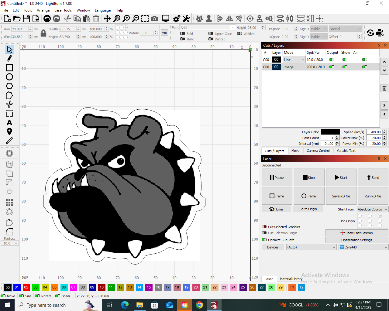 LightBurn .ai import of a Redlands bulldog mascot with a 3mm offset cut