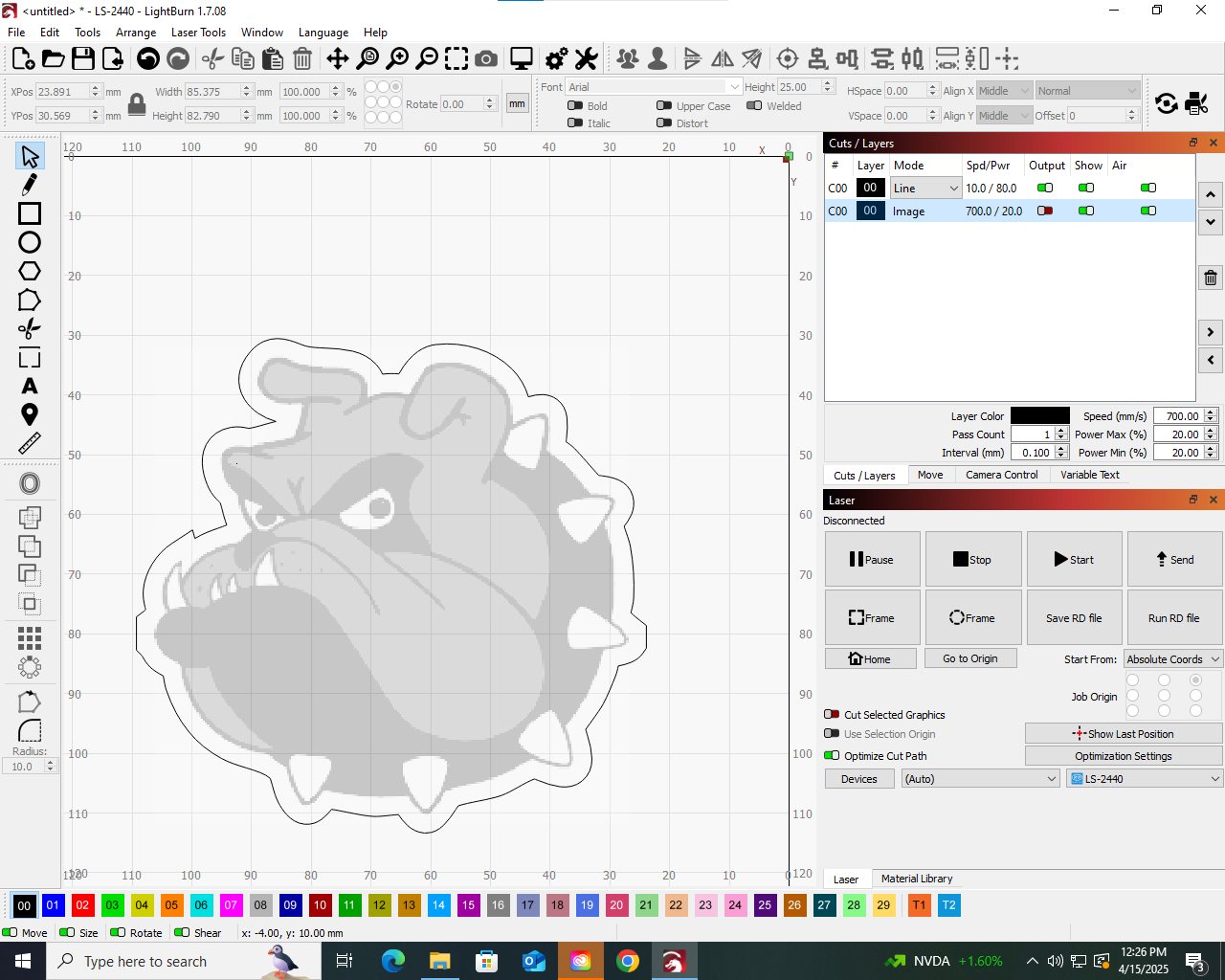 LightBurn .ai import of Redlands bulldog mascot with 3mm offset cut the output of the layer is turned off