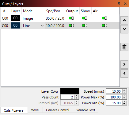 LightBurn Cuts and Layers dialog box [2 layers]