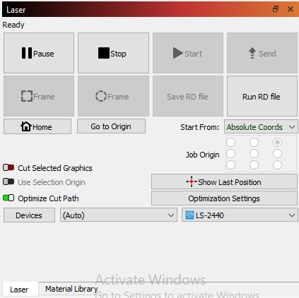 LightBurn laser control dialog