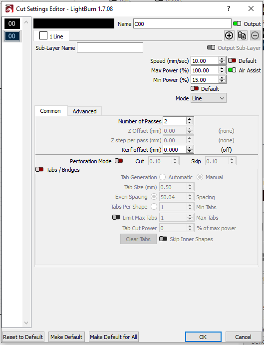 LightBurn layer settings dialog