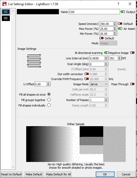 LightBurn layer settings dialog [etching]